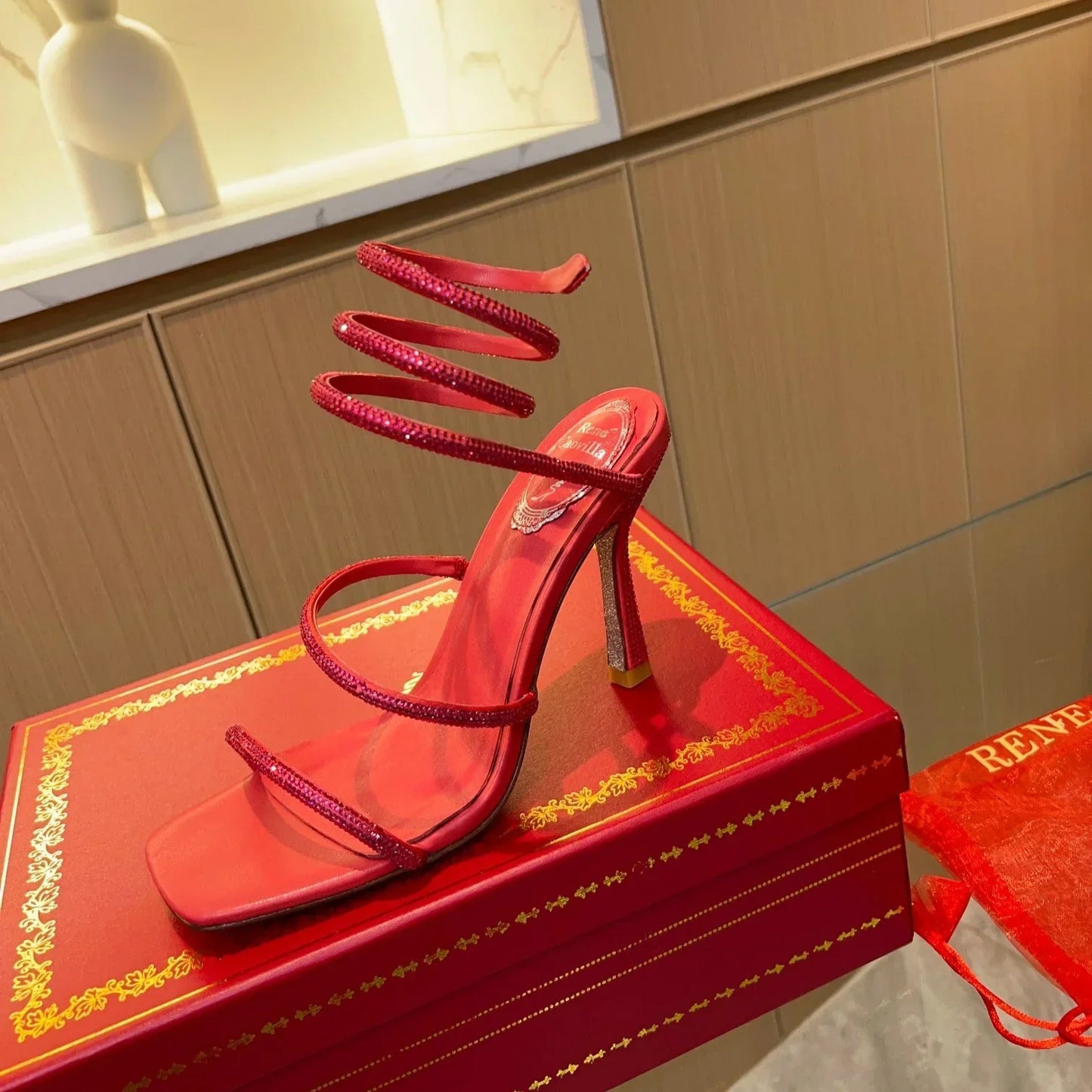 Red Cleo Crystal Strap Sandals